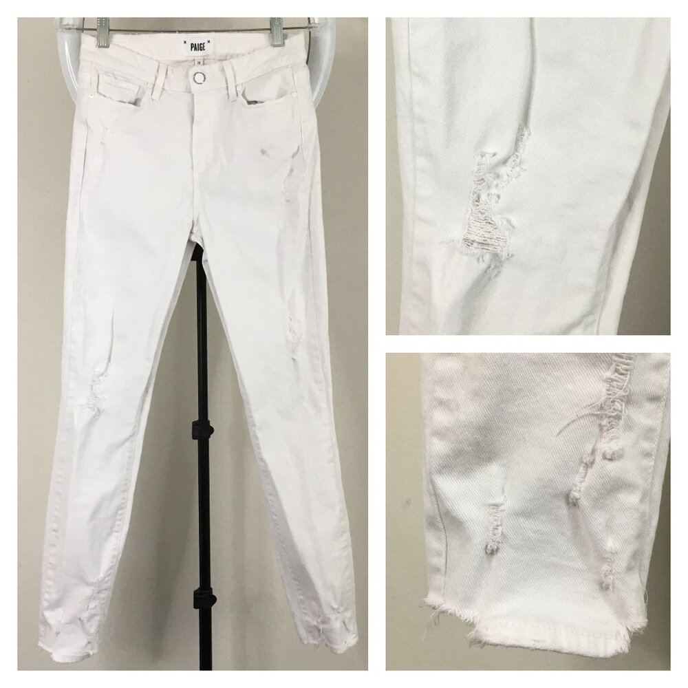PAIGE Crisp White Destroyed Distressed HOXTON ANKLE 5 Pocket Logo Hardware Jeans